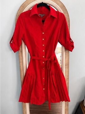 Sharagano Vibrant Red Pleated Shirt Dress with Belt